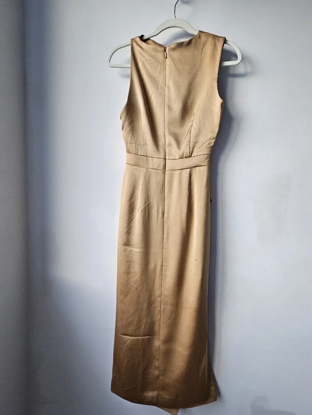 Friend Of Audrey Australia Gold Rouched Satin Asymmetric Sleeveless Midi Dress